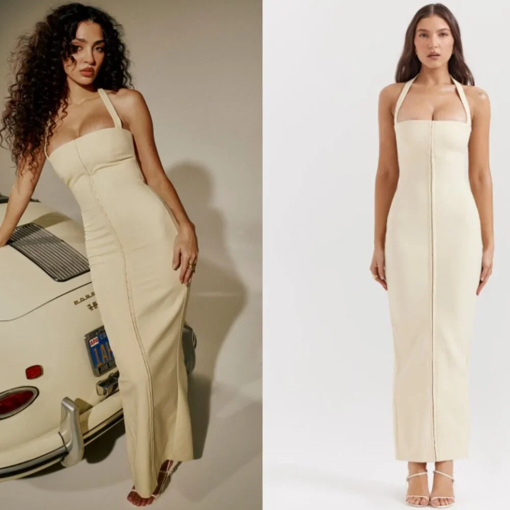 House of CB 'Mia' Ecru Halter Stretch Crepe Maxi Dress NWOT